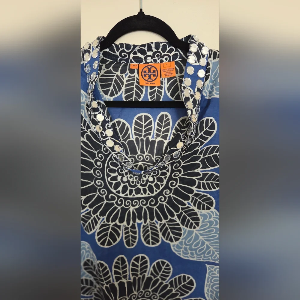 Tory Burch Stephanie Tunic with Mirror Embellished Top Size 0 Navy Tuscan